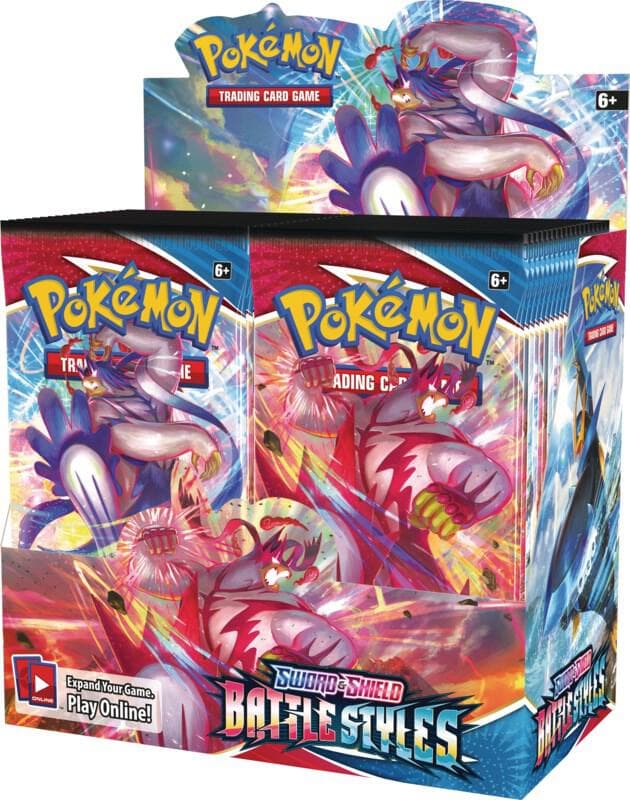 Pokémon TCG Sword & Shield Battle Styles boosterbox (display) med 36 boosterpaket, officiell produktbild på vit bakgrund.