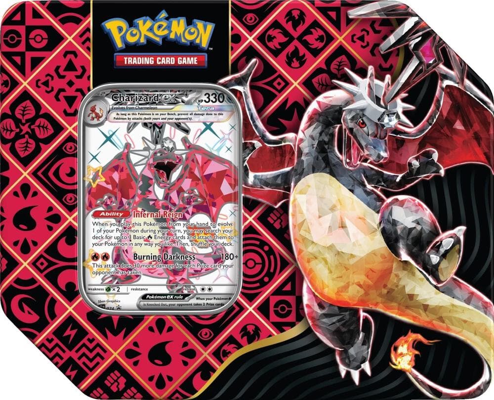Pokémon TCG Charizard ex samlarburk i metall från Scarlet & Violet, med ett Charizard ex-kort på framsidan och Charizard-illustration.