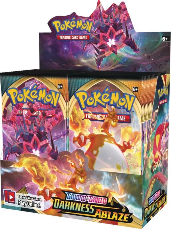 Pokémon TCG Sword & Shield Darkness Ablaze booster box-display med 36 boosterpaket, med Charizard och Eternatus-motiv