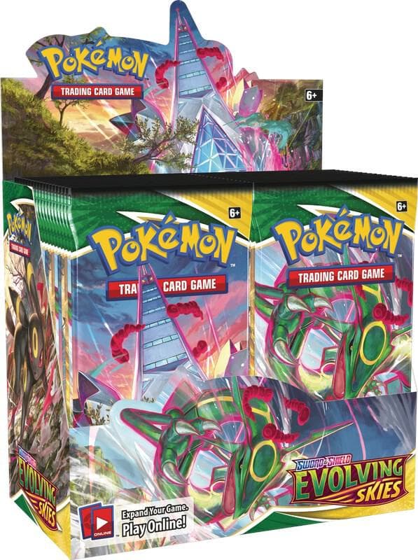 Pokémon TCG Evolving Skies displaybox med 36 boosterpaket från serien Sword & Shield, med Rayquaza VMAX-illustration på framsidan.