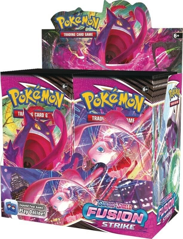 Pokémon TCG Sword & Shield Fusion Strike booster box (display med 36 boosterpaket), Gengar VMAX och Mew på framsidan.