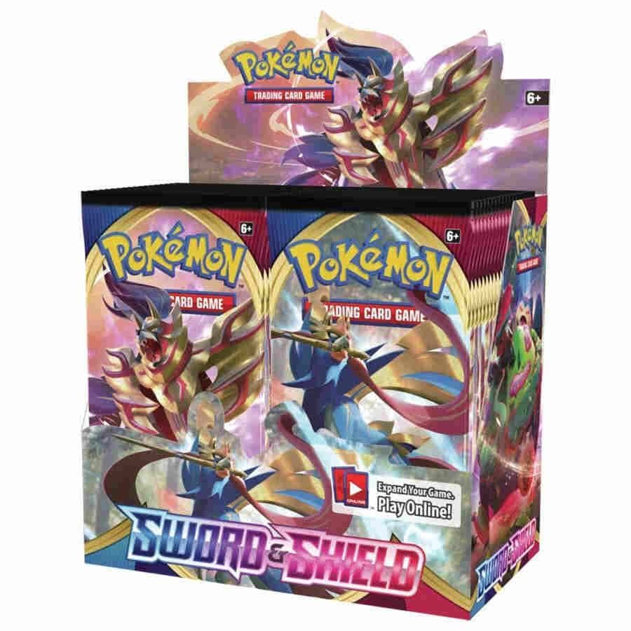 Pokémon TCG Sword & Shield boosterbox med 36 paket, med Zacian och Zamazenta på framsidan