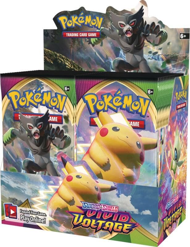 Pokémon TCG Sword & Shield Vivid Voltage boosterdisplay med 36 boosterpaket, Pikachu och Zarude på förpackningen