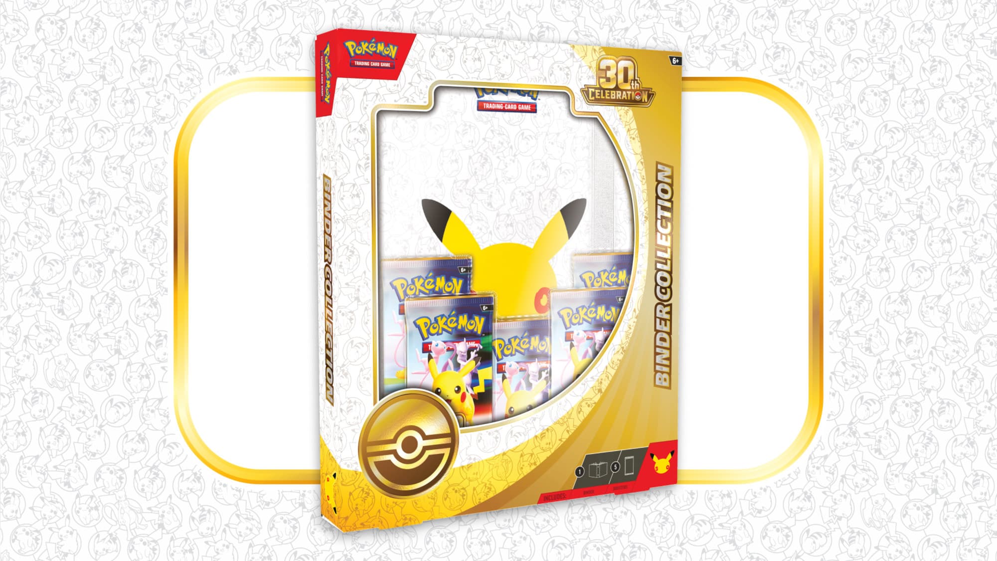 Pokémon TCG 30th Celebration Binder Collection – samlarpärm i guld för Pokémons 30-årsjubileum med Pikachu och fem boosterpaket.