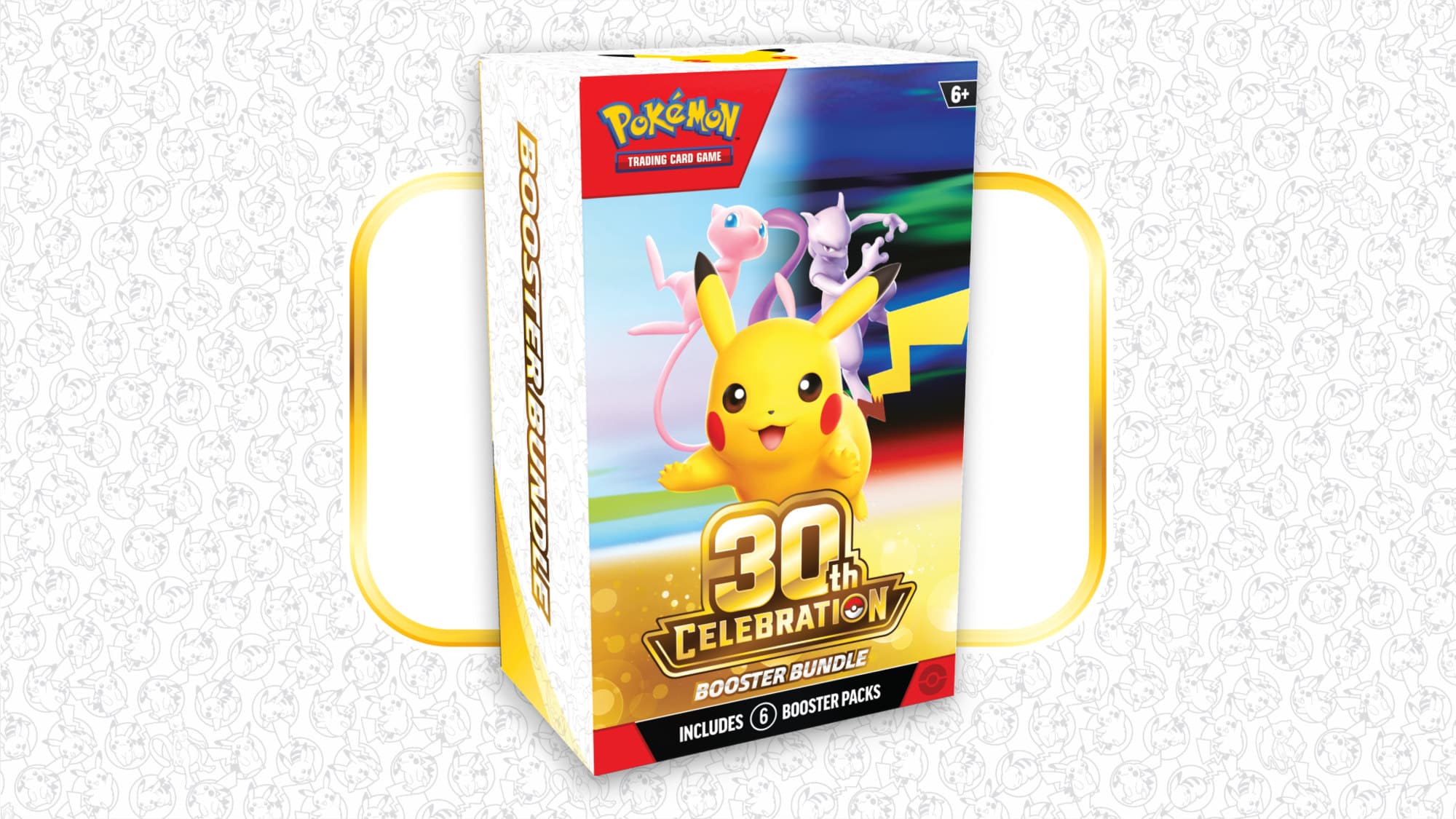 Pokémon TCG 30th Celebration Booster Bundle – jubileumsförpackning med sex boosterpaket, prydd med Pikachu, Mew och Mewtwo samt guldfärgad "30th Celebration"-logotyp, till 30-årsjubileum.