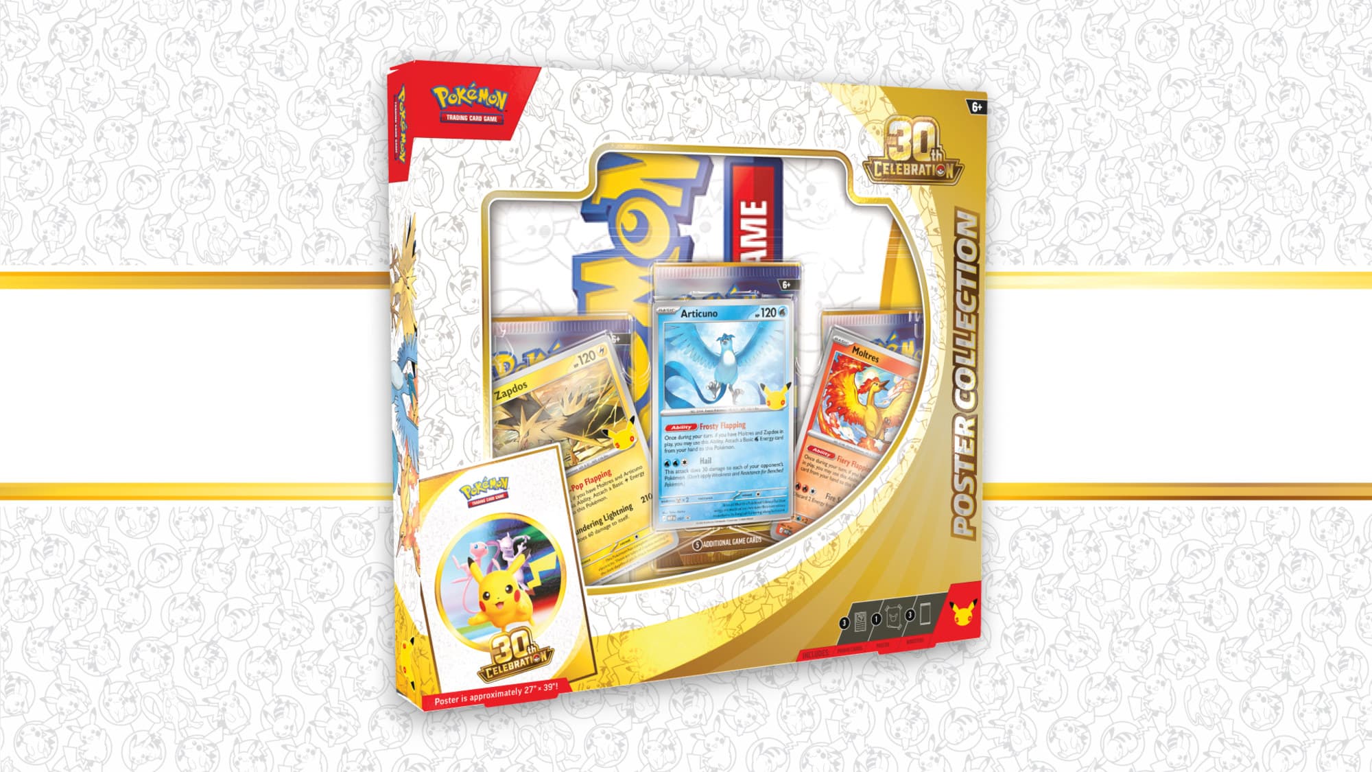 Pokémon TCG 30th Celebration Poster Collection-box (30-årsjubileum) med tre boosterpaket, promokorten Articuno, Zapdos och Moltres samt en stor affisch.