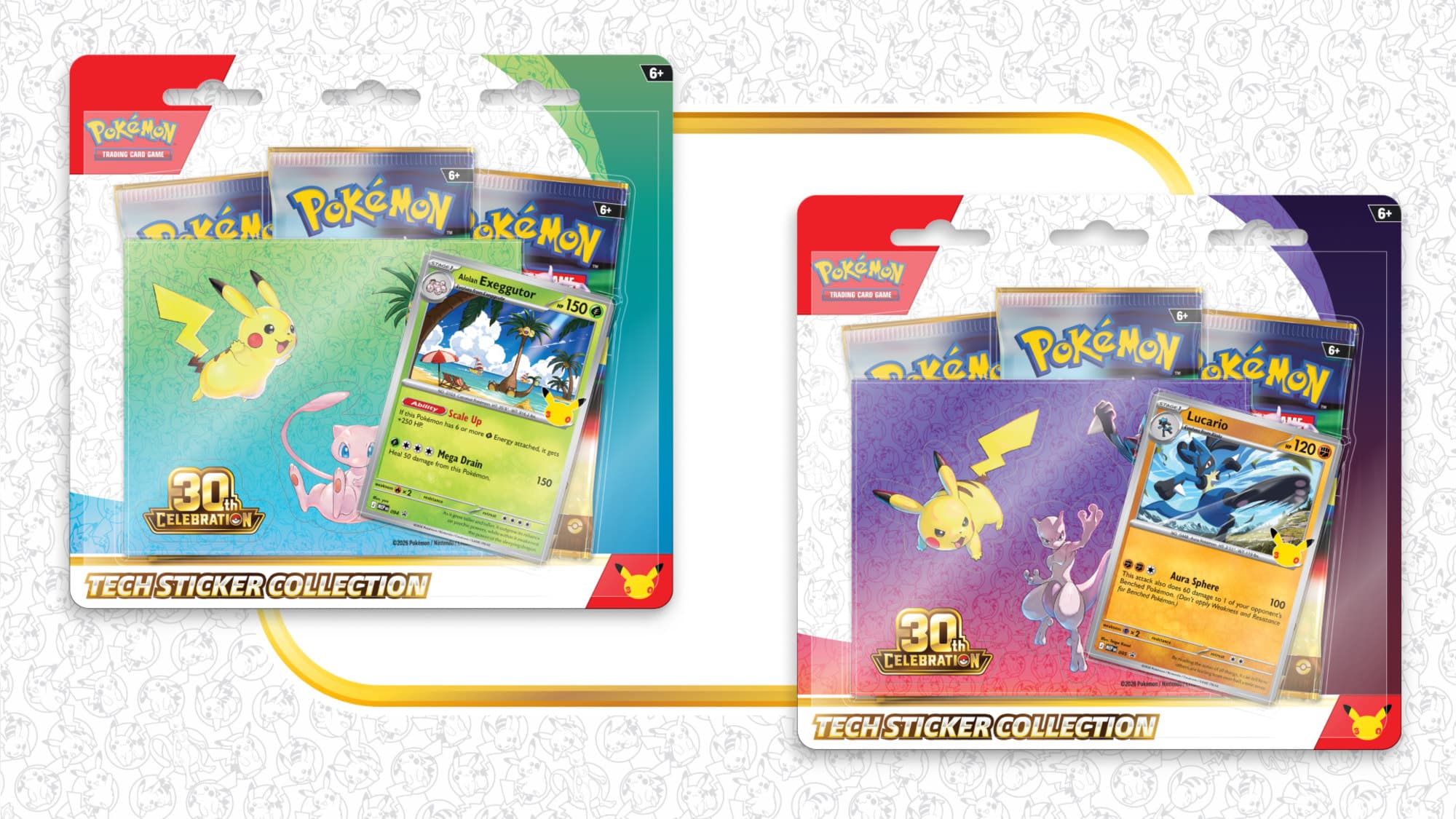 Pokémon TCG 30th Celebration Tech Sticker Collection – officiell produktbild med båda varianterna (Alolan Exeggutor och Lucario) med boosterpaket, foliopromokort och dekalark, från Pokémons 30-årsjubileum.