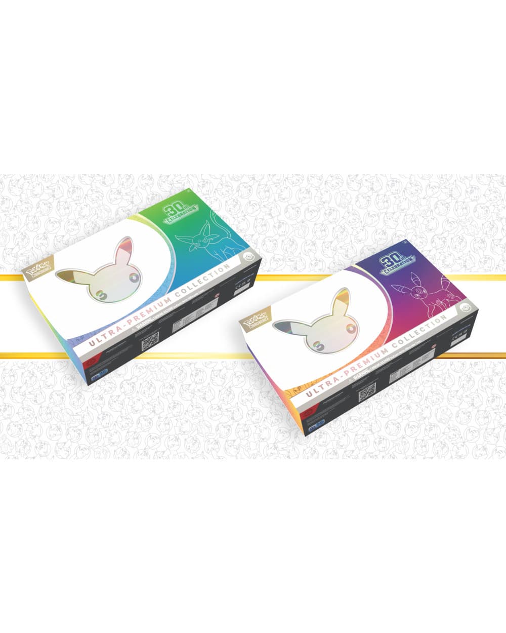 Pokémon TCG 30th Celebration Ultra-Premium Collection – två samlarboxar för 30-årsjubileum med Espeon (dag) och Umbreon (natt), holografiskt Pikachu-fönster och Pokémon TCG-logotyp.