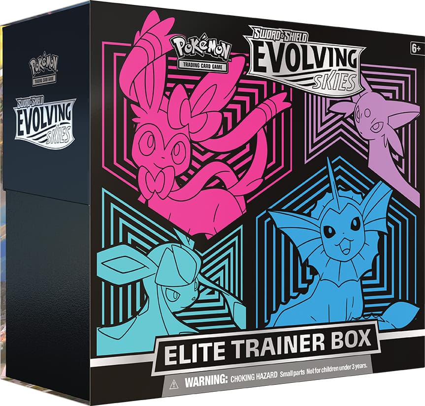 Pokémon TCG Evolving Skies Elite Trainer Box – förseglad ask med Sylveon, Espeon, Glaceon och Vaporeon